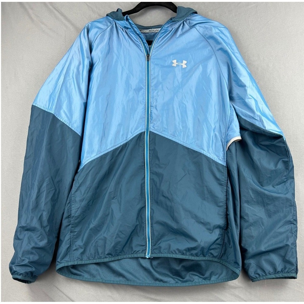 Under Armour Run Jacket Mens Large Fitted Windbreaker Blue Hooded Full Zip 4972